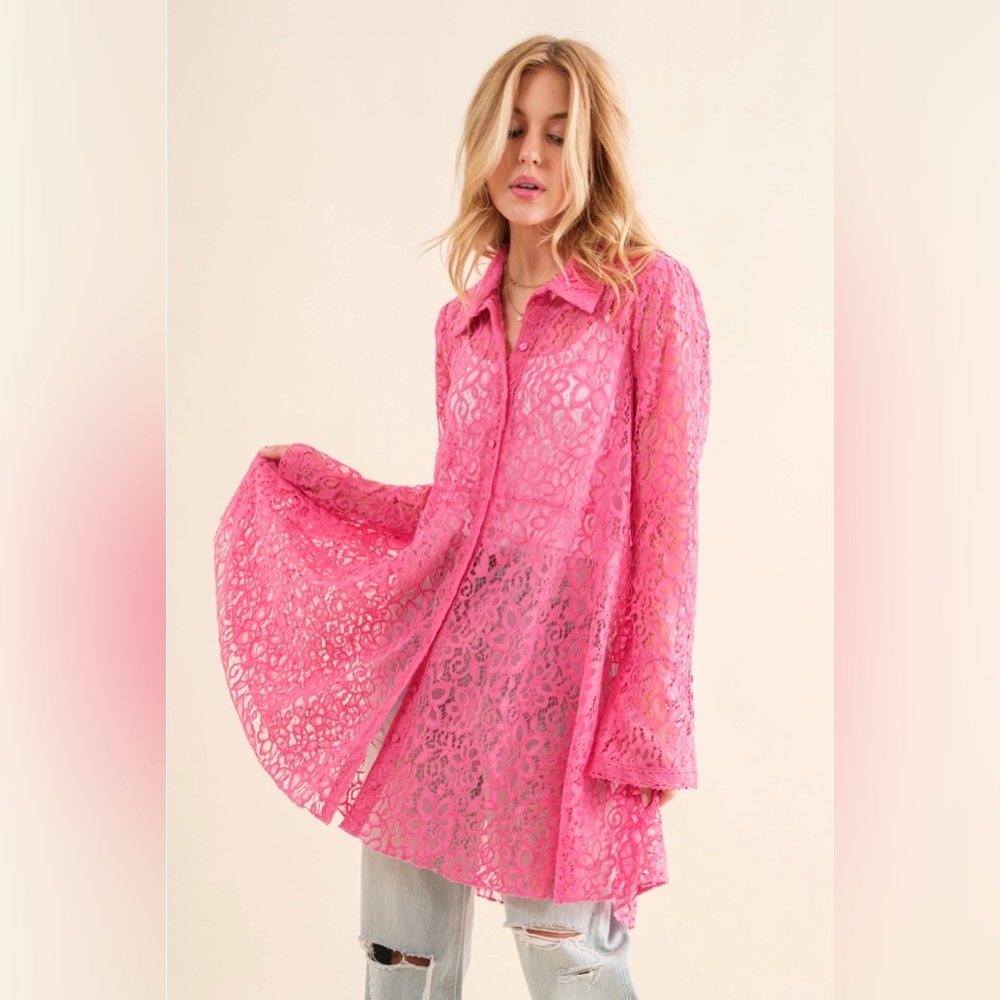 423. Pink Lace Tunic Pink Button-Up Blouse